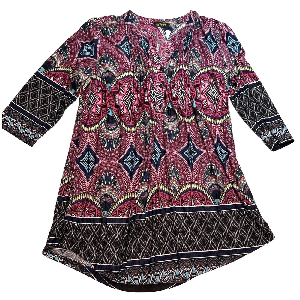 Reborn Geometric Pintuck 3/4 Sleeve Tunic Blouse Boho Chic Woman Size XL